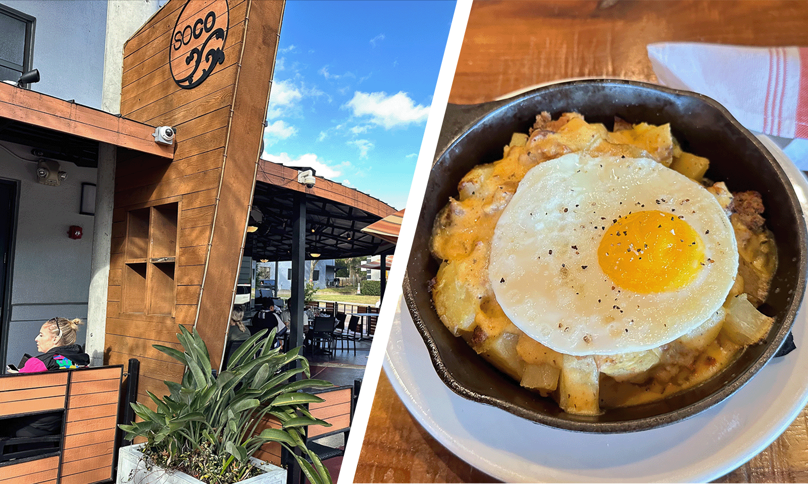 two images in front of restaurant sign and a plate of food with an egg